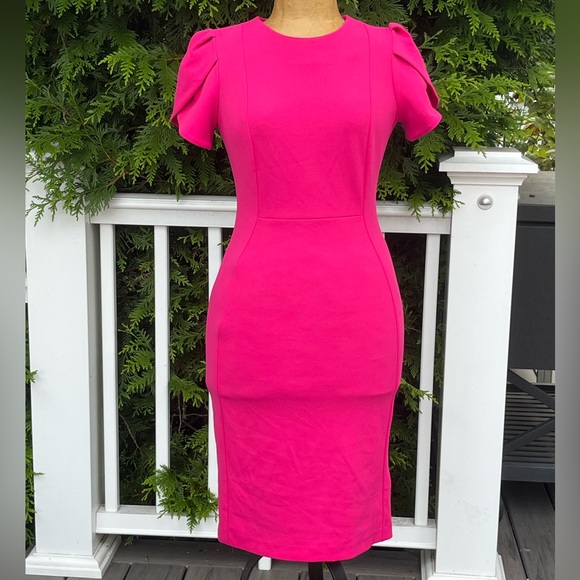 Calvin Klein Dresses & Skirts - Calvin Klein; Fuchsia Midi Dress; Puff Sleeves; Gold Tone Zipper; NWOT; Size 4